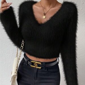 Cropped Black Fuzzy Wrap Style Top